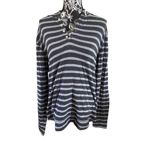 On The Byas Striped Hooded Long Sleeve Shirt Quarter Button - Picture 1 of 8